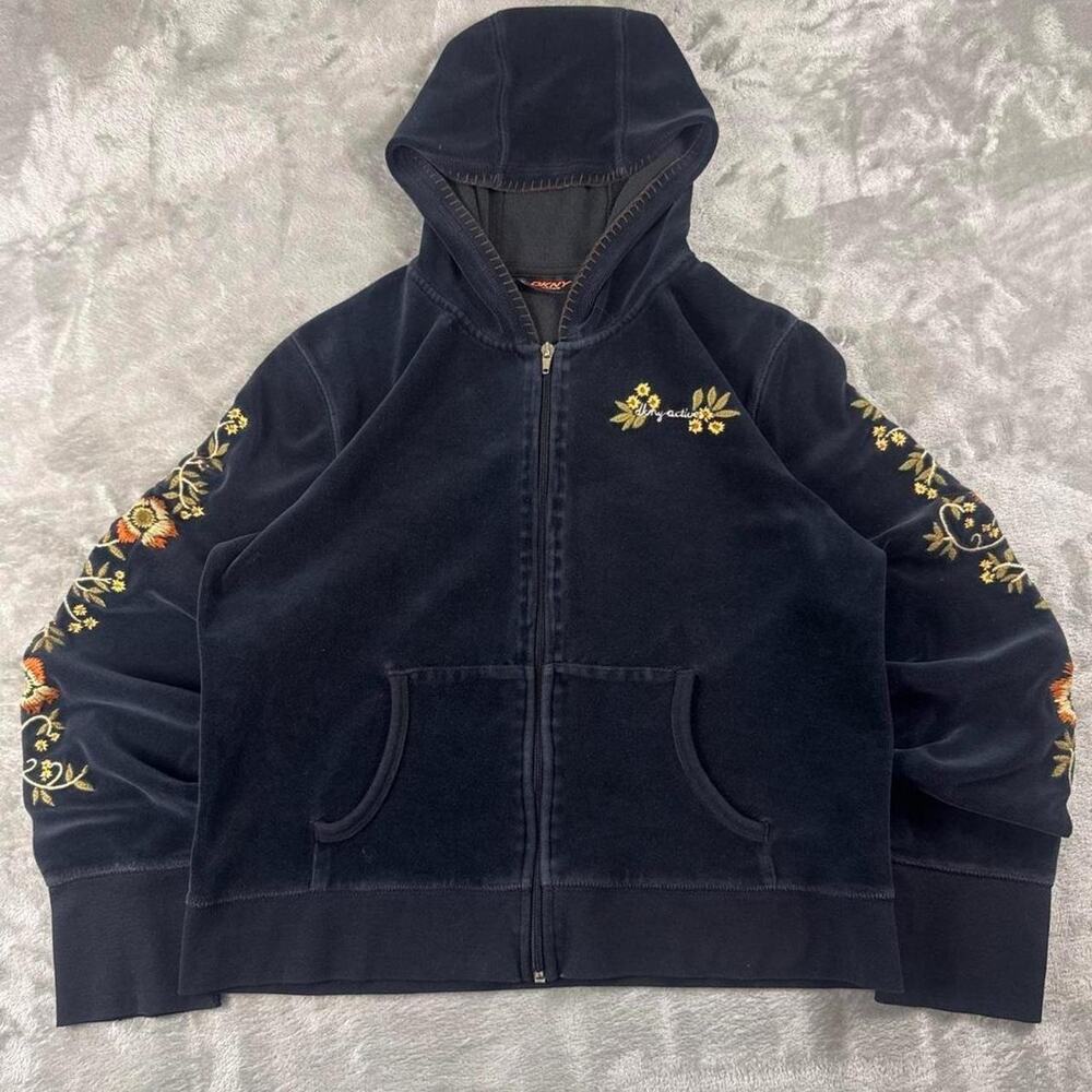 Vintage Y2K DKNY Active Floral Embroidered Zip Hoodie XL Dark Black Velour